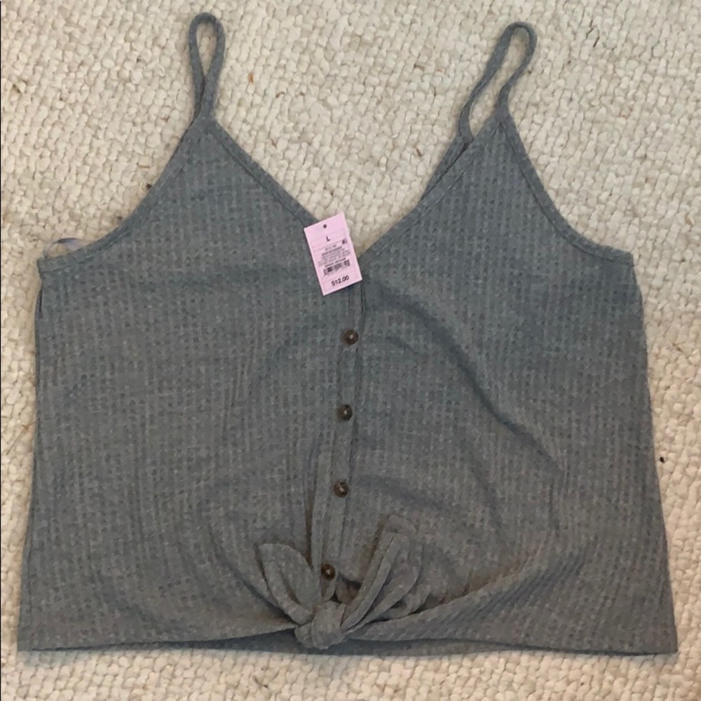 Gray crop top with tie on bottom